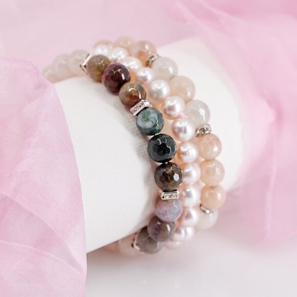 Aventurine Fancy Jasper & Pearl Bracelet, Dainty Stretch Bracelet Set of 3 - Picture 5 of 11